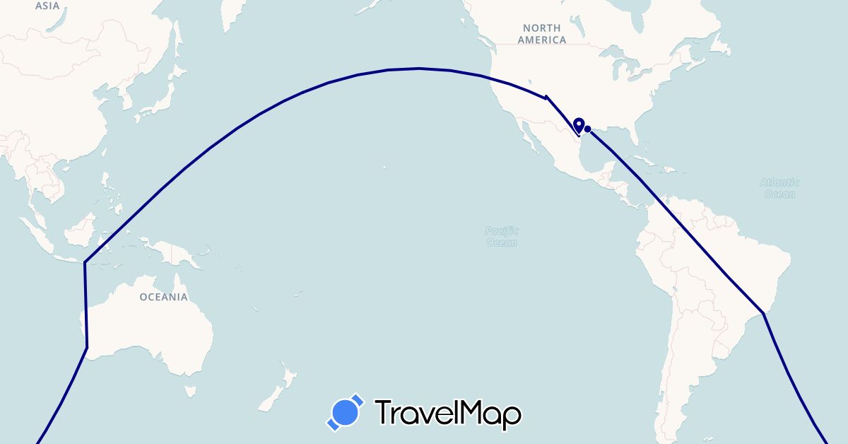 TravelMap itinerary: driving in Australia, Brazil, Indonesia, United States (Asia, North America, Oceania, South America)